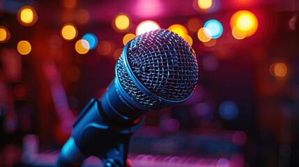 Close up of microphone on stage with blurred background.