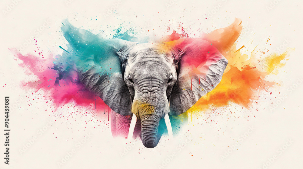 Poster a vibrant depiction of an elephant's head, adorned with a splendid array of colored paint drips on i