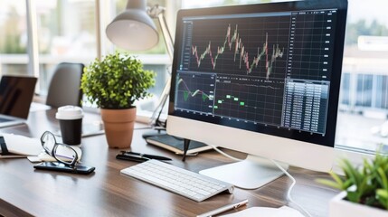A sleek workspace with a computer displaying financial analytics against a backdrop of large windows and contemporary decor