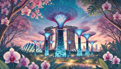 A magical night in Singapore's Gardens by the Bay, features Supertree Grove illuminated twilight sky