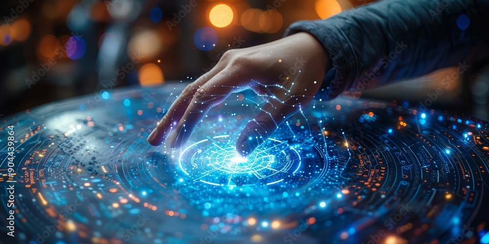Poster Hand interacting with a glowing digital hologram, showcasing futuristic technology and innovative virtual interface in a high-tech setting, Generative Ai
