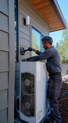 Hvac technician is installing a modern heat pump unit on the exterior wall of a newly built residential building