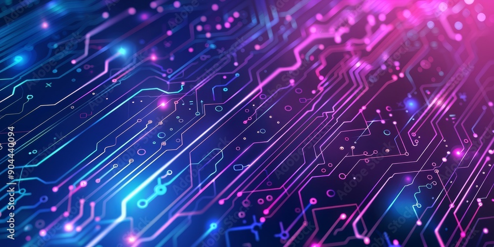 Poster futuristic circuit board with neon lights, creating a mesmerizing visual display
