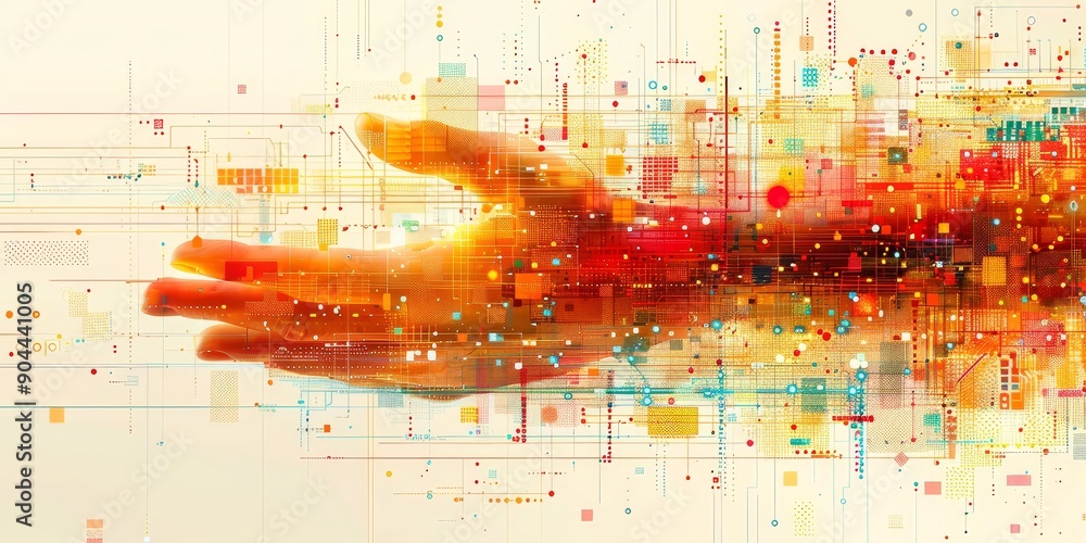Poster a colorful abstract artwork featuring a hand and vibrant digital elements, representing creativity a
