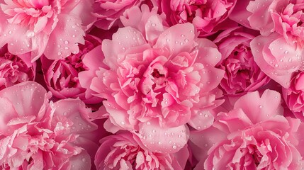   A bunch of pink peonies with water droplets on both the flowers and petals
