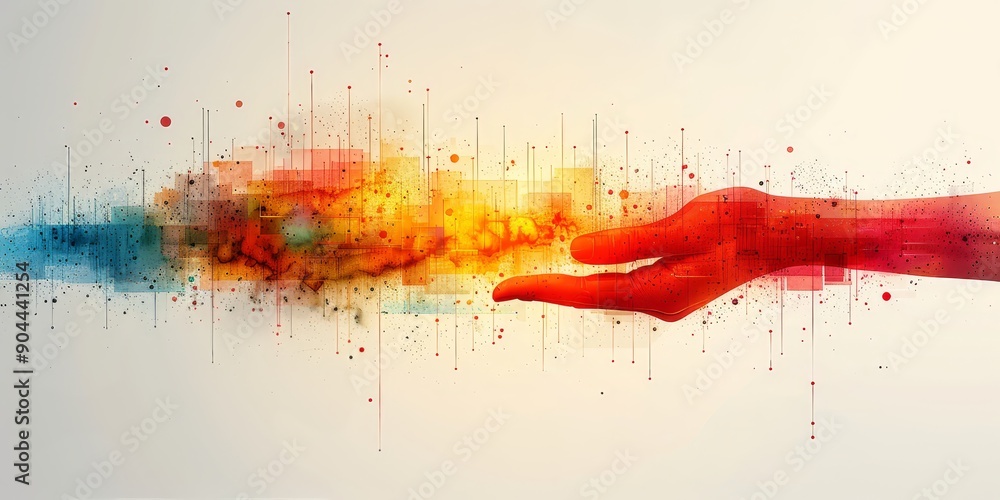 Aufkleber a colorful abstract artwork featuring a hand and vibrant digital elements, representing creativity a