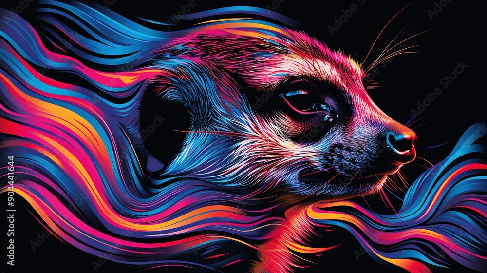 Poster a close-up image of a dog's face, featuring a multi-colored pattern on one side