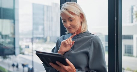 Business, mature woman and happy with tablet in office for schedule meeting, project tracking and client proposal. Account manager, think and online for task management, financial overview and review
