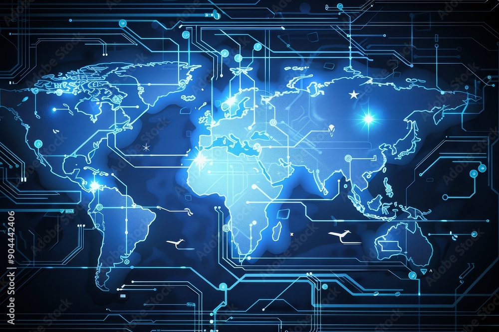 Poster Digital world map in blue representing global connectivity and advanced technology in a futuristic design, Generative Ai