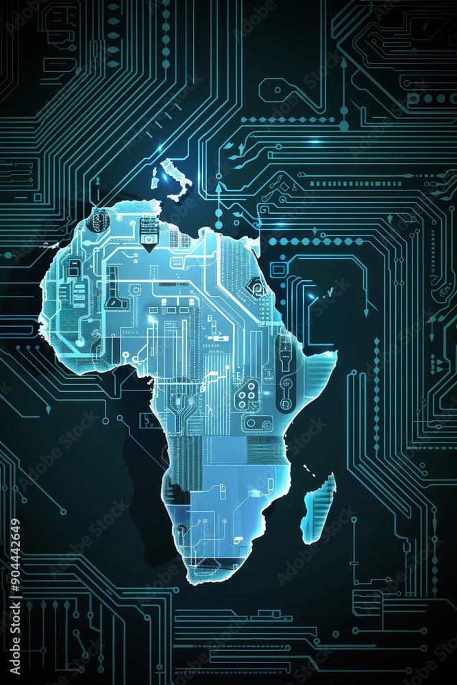 Poster africa depicted as a digital circuit, symbolizing advanced technology and connectivity in a modern g