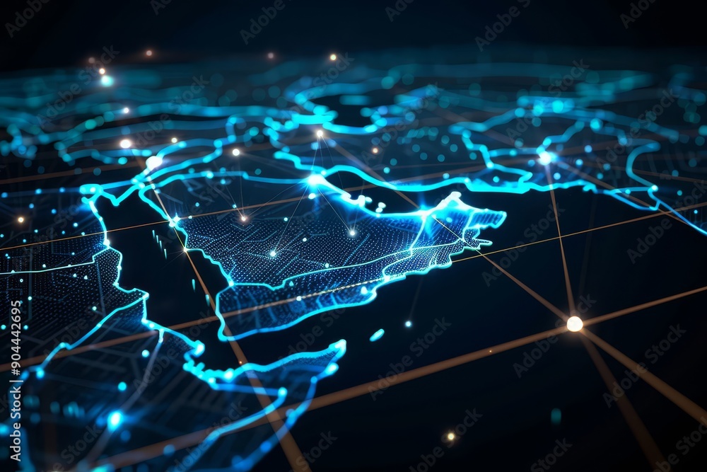Poster digital representation of the middle east in blue, highlighting technological connectivity and moder