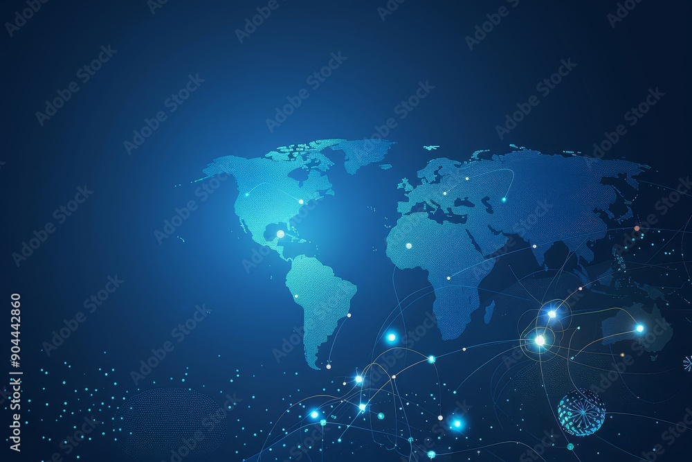 Poster Digital world map in blue representing global connectivity and advanced technology in a futuristic design, Generative Ai