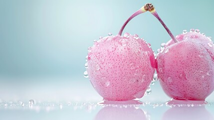   Two cherries with water droplets above and below