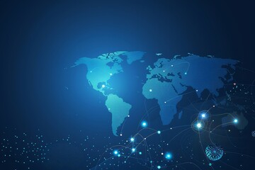 Fototapeta premium Digital world map in blue representing global connectivity and advanced technology in a futuristic design, Generative Ai