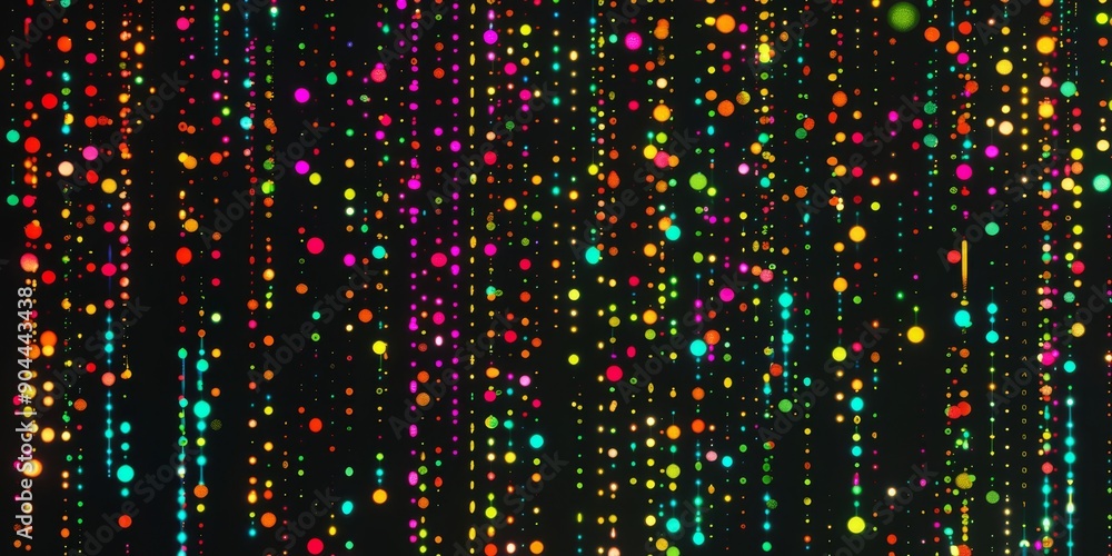 Poster vivid and colorful display of digital rain made of dots against a dark background