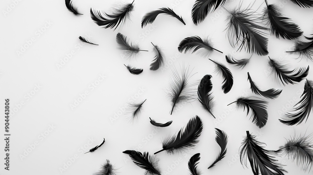 Poster a monochrome image of feathers soaring against a clean white backdrop, providing ample space for add