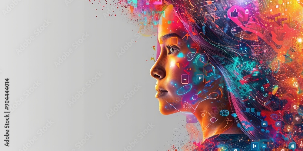Poster colorful digital representation of a womans profile, illustrating creative thoughts and the fusion o