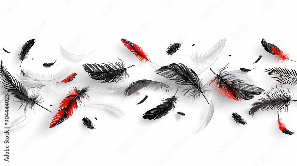 Aufkleber a group of black and red feathers on a white background with a black and red feather on the left sid