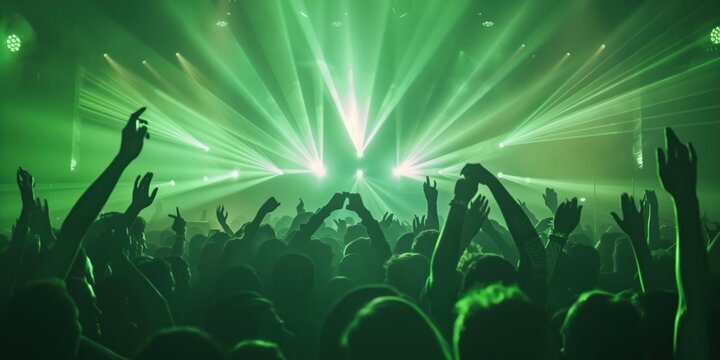 Dynamic crowd at live music concert under vibrant green laser lights, electrifying atmosphere, energy and excitement background with copyspace