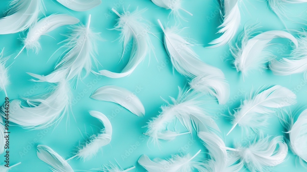Poster a blue background with white feathers scattered throughout and a pattern of white feathers at the bo