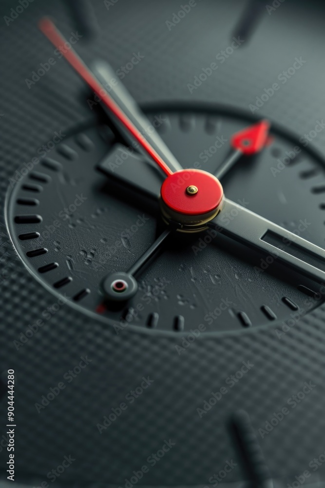 Poster a close-up shot of a clock face showing red hour and minute hands, suitable for use in designs relat
