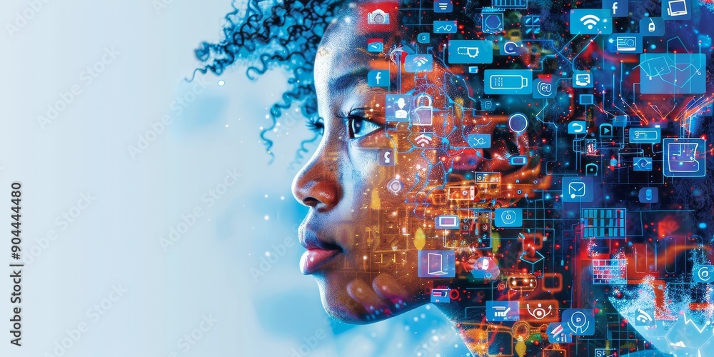 Aufkleber Profile of a woman with a digital overlay, symbolizing the integration of advanced technology and artificial intelligence in the modern world, Generative Ai