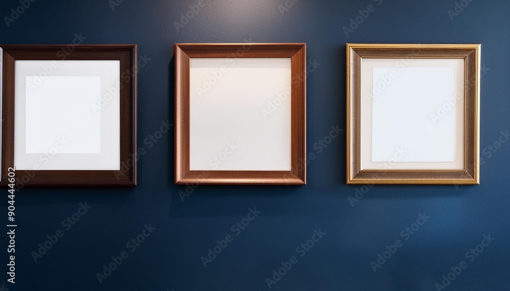 Sticker sophisticated art space with four dark brown frames on a deep navy wall under ambient lighting