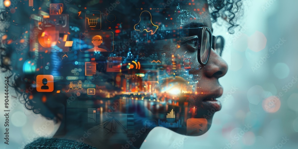 Aufkleber Profile of a woman with a digital overlay, symbolizing the integration of advanced technology and artificial intelligence in the modern world, Generative Ai