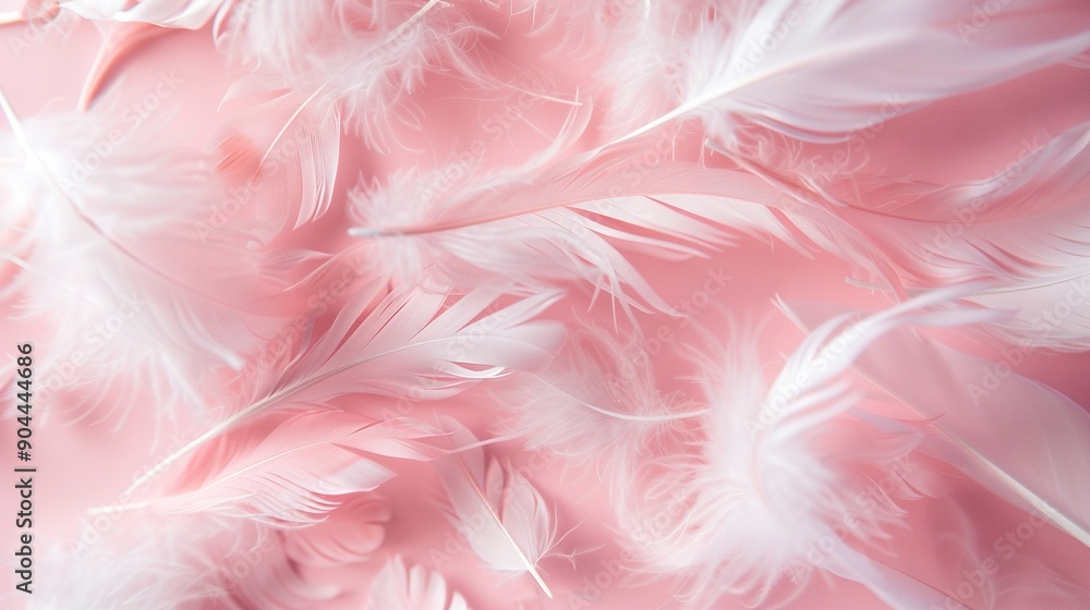 Poster a close-up of a pink background with white feathers in the foreground and a pink background with whi