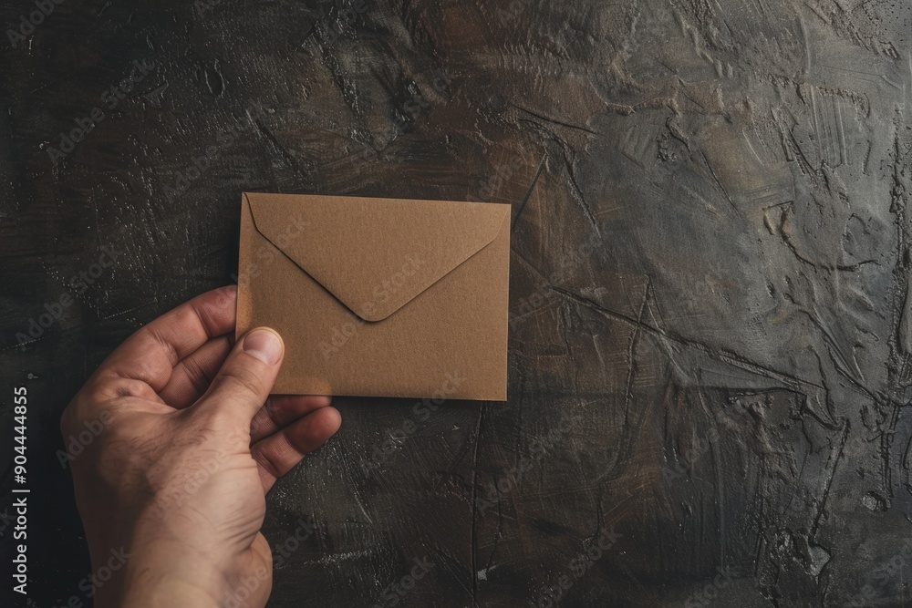 Poster a person holds an envelope on a table, possibly waiting for a response or delivery