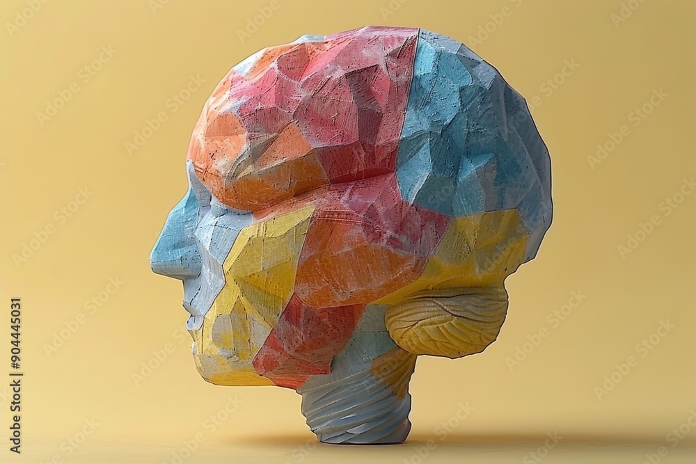 Poster surreal brain wrapped in colorful cloth symbolizing the complexity and texture of human thought.