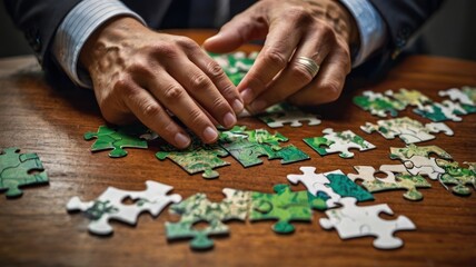 A man carefully assembles a green-themed jigsaw puzzle on a wooden table, demonstrating focus and concentration in his task.