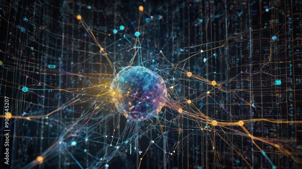 Poster an abstract digital representation of a neural network, showcasing interconnected nodes and vibrant 