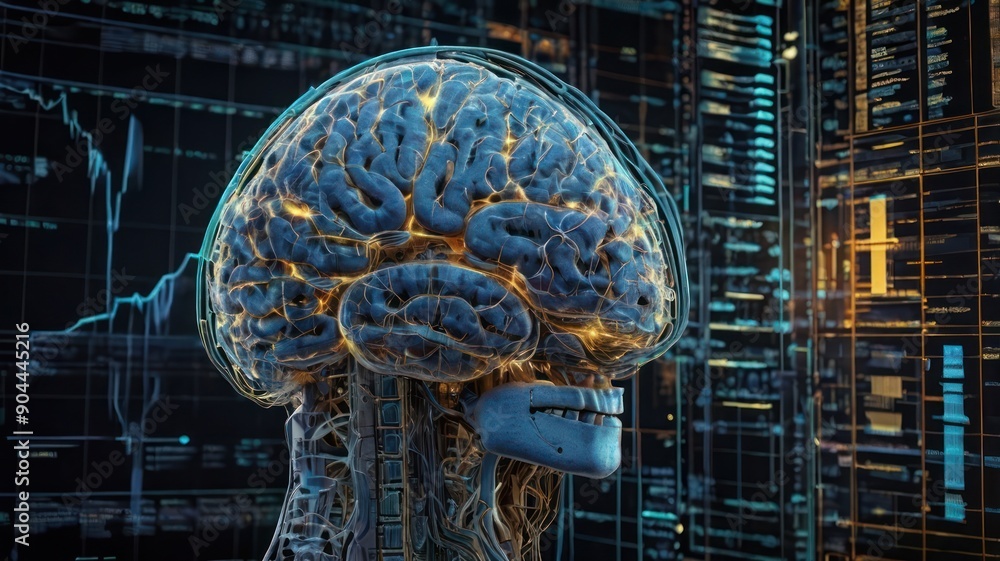 Poster a digital rendering of a human brain with glowing neural pathways, set against a backdrop of data vi