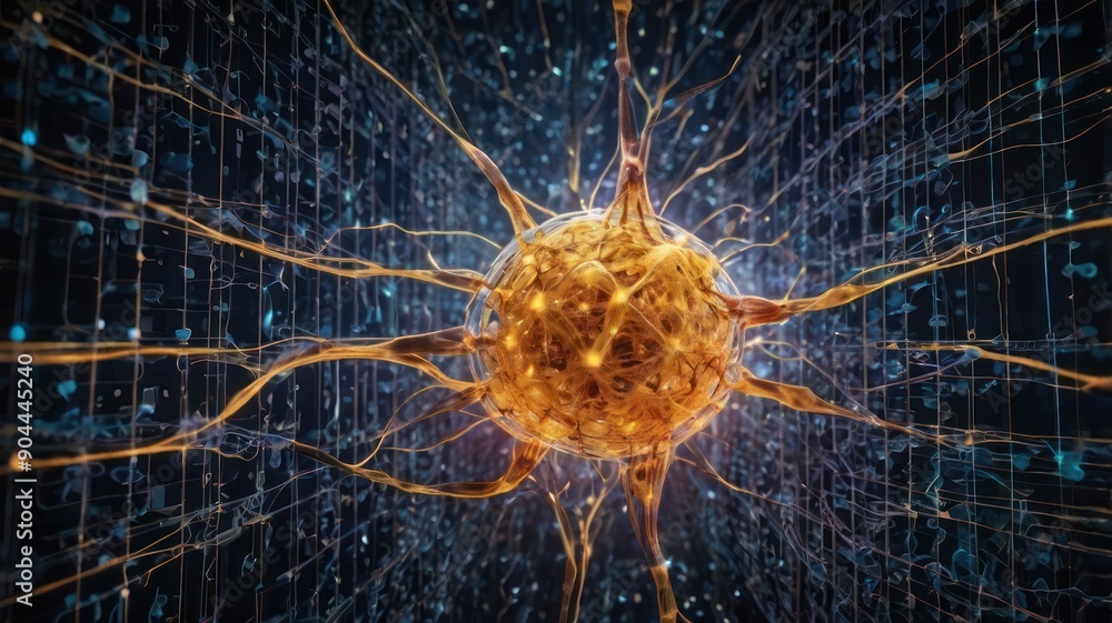 Poster glowing golden neuron structures amid digital data stream, symbolizing neuroscience and artificial i