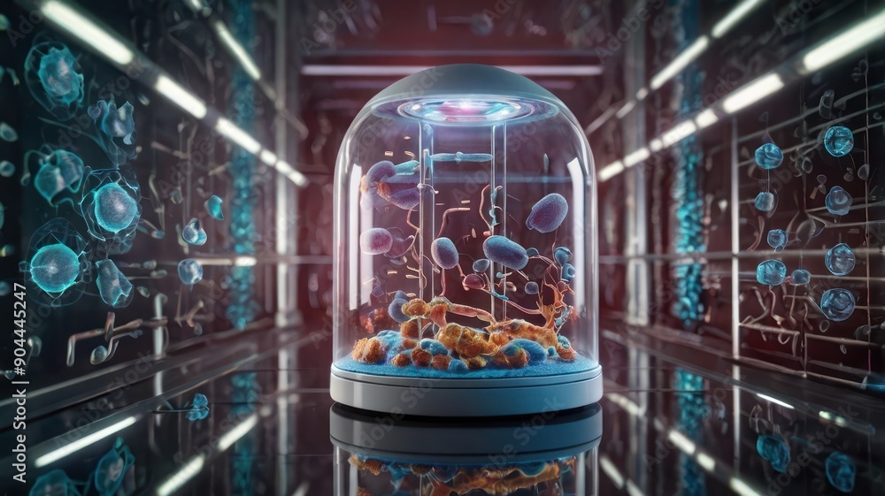 Poster a futuristic display showcasing various microorganisms in a glass dome, emphasizing scientific explo