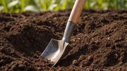 A close-up of a metal shovel with a wooden handle resting in rich, dark soil, evoking a sense of gardening and agriculture.