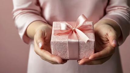 A woman with a light skin tone elegantly presents a beautifully wrapped pink gift box with a satin ribbon.
