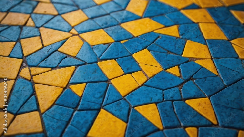 Poster vibrant blue and yellow mosaic tiles create an intricate geometric pattern, adding a decorative touc