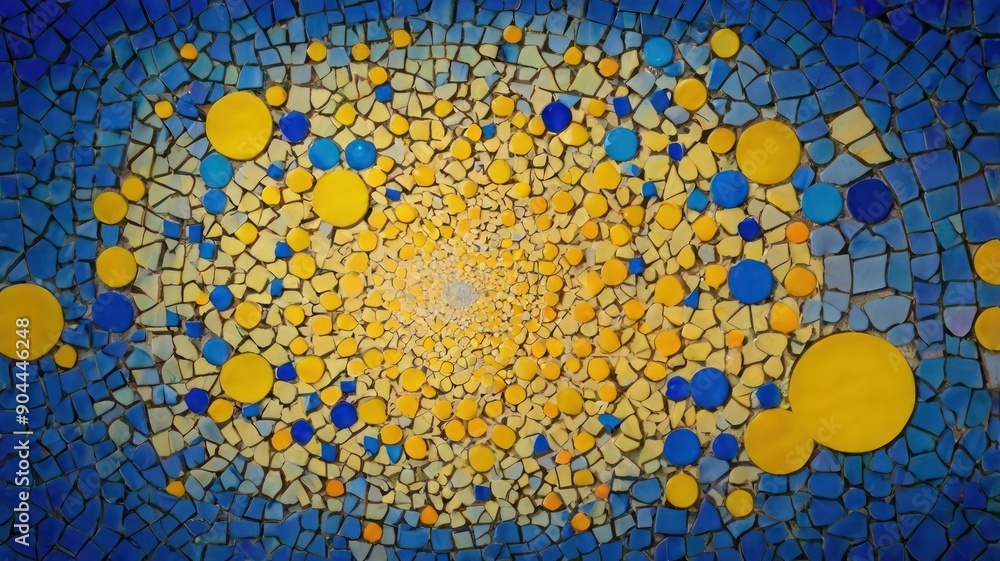 Poster vibrant yellow and blue mosaic art, creating a swirling pattern that captivates the viewer with its 