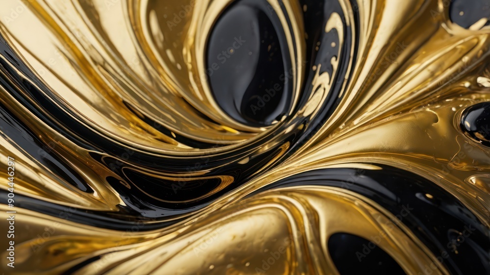 Poster an abstract close-up of swirling black and gold liquid, creating a fluid and dynamic visual effect.