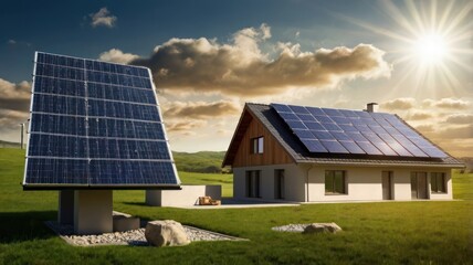 A modern house with solar panels on the roof and nearby, set in a lush green landscape under a bright sun.