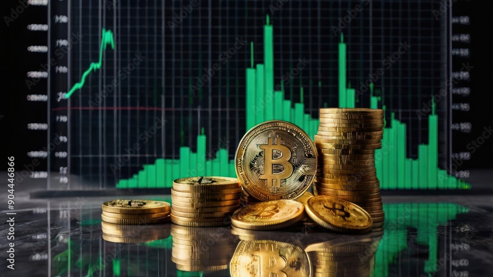 Poster a stack of golden bitcoin coins with a backdrop of a rising cryptocurrency graph, symbolizing invest
