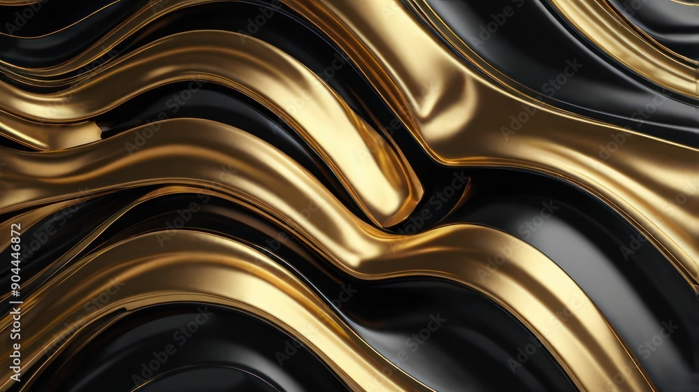 Poster a stunning abstract composition of flowing black and gold waves, creating a luxurious and dynamic vi