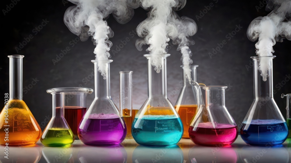 Poster colorful laboratory flasks with vibrant liquids and swirling steam, creating a captivating science-t