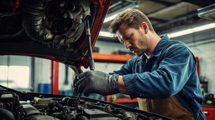 Obraz premium A focused Caucasian male mechanic in a blue jumpsuit repairs a car engine under hood, showcasing his expertise and dedication to his craft.