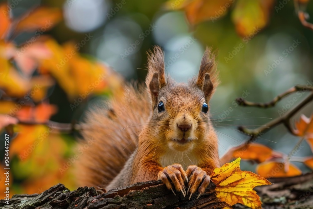 Poster a squirrel sits on the top of a tree branch, looking around