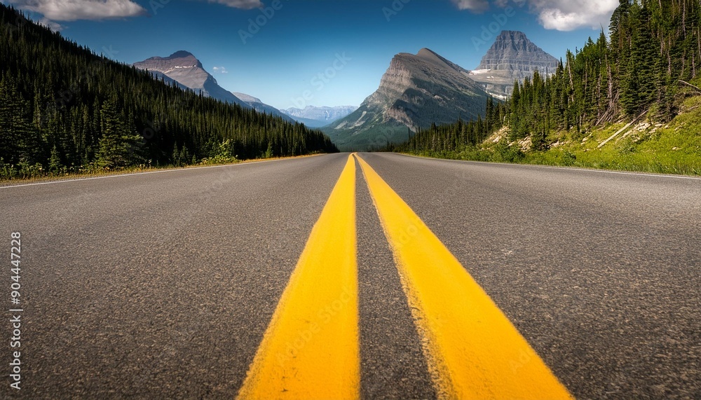 Wall mural going to the sun road in glacier national park montana two solid yellow lines in the center