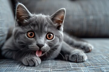 Cute grey kitten playing on the sofa, tongue sticking out.