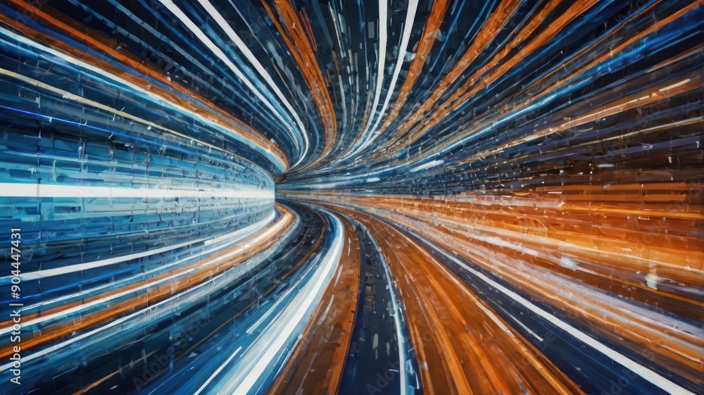Poster a dynamic abstract image showcasing vibrant blue and orange light trails, creating a sense of speed 